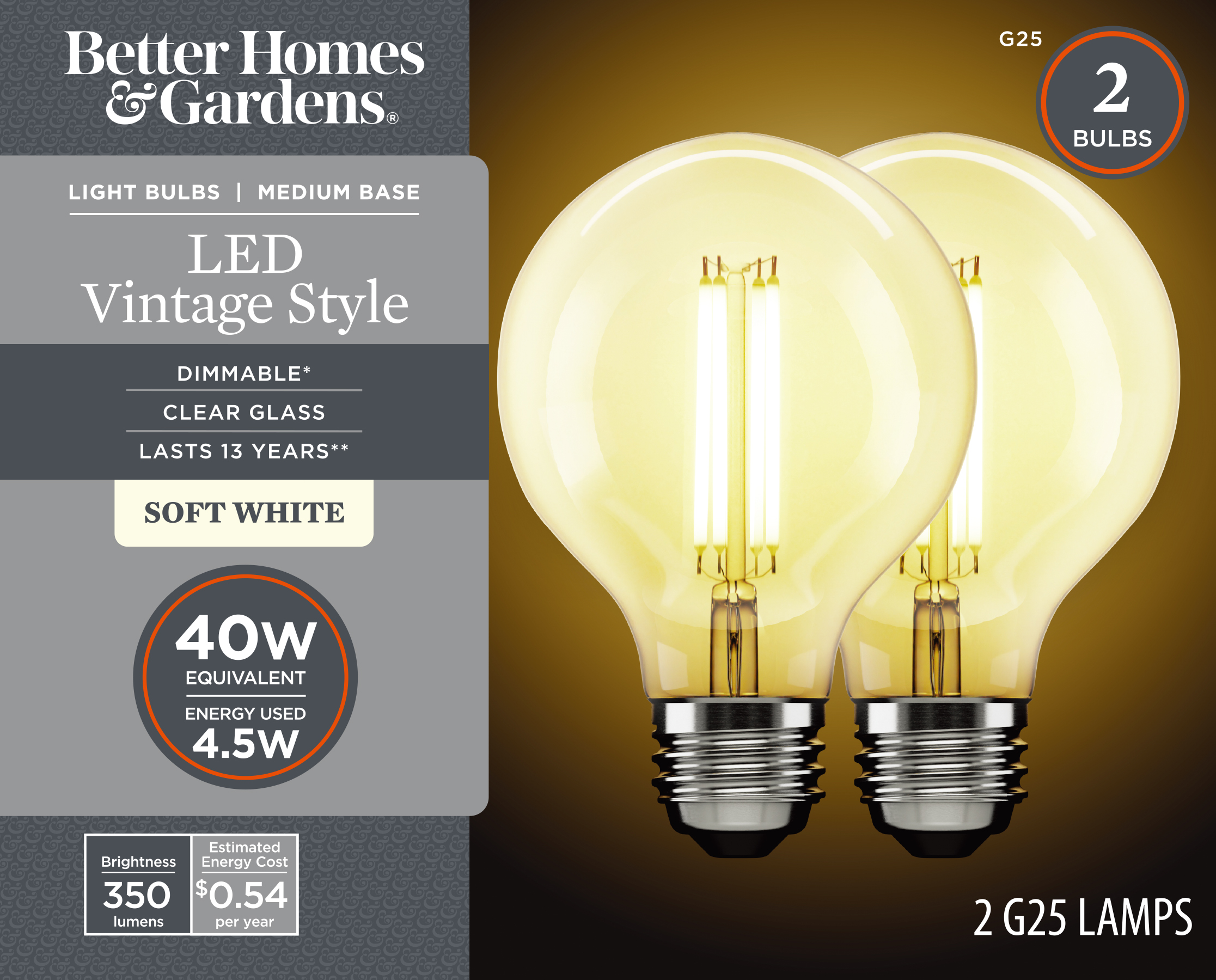 BHG LED Bulb, 4.5-Watt (40W Equivalent) G25 Vintage Style, E26 Base, Dimmable, Soft White, 2-Pack CA
